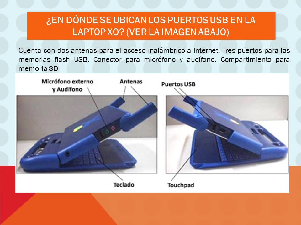 ¿En dónde se ubican los Puertos USB en la Laptop XO