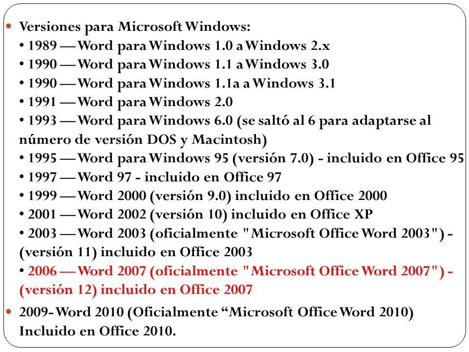 Versiones para Microsoft Windows: • 1989 — Word para Windows 1