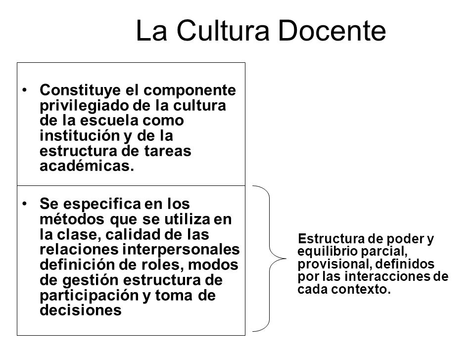 La Cultura Docente Constituye el componente privilegiado de la cultura de la escuela como institución y de la estructura de tareas académicas.