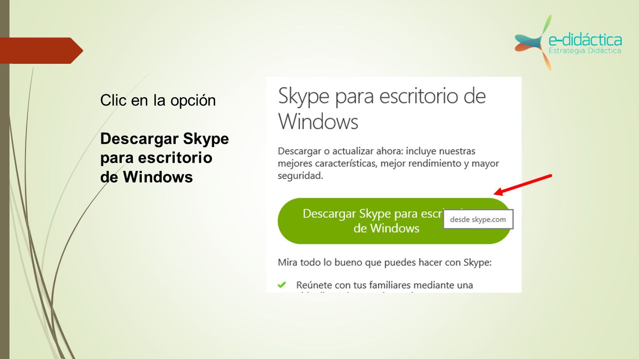 Clic en la opción Descargar Skype para escritorio de Windows