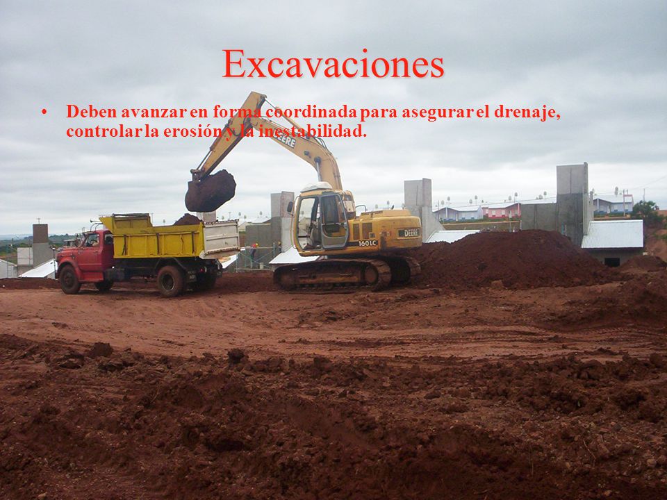 Excavaciones Deben avanzar en forma coordinada para asegurar el drenaje, controlar la erosión y la inestabilidad.