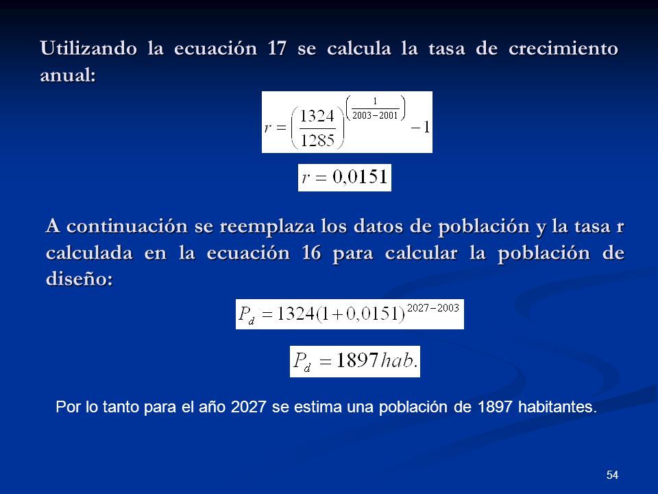 Utilizando la ecuación 17 se calcula la tasa de crecimiento anual: