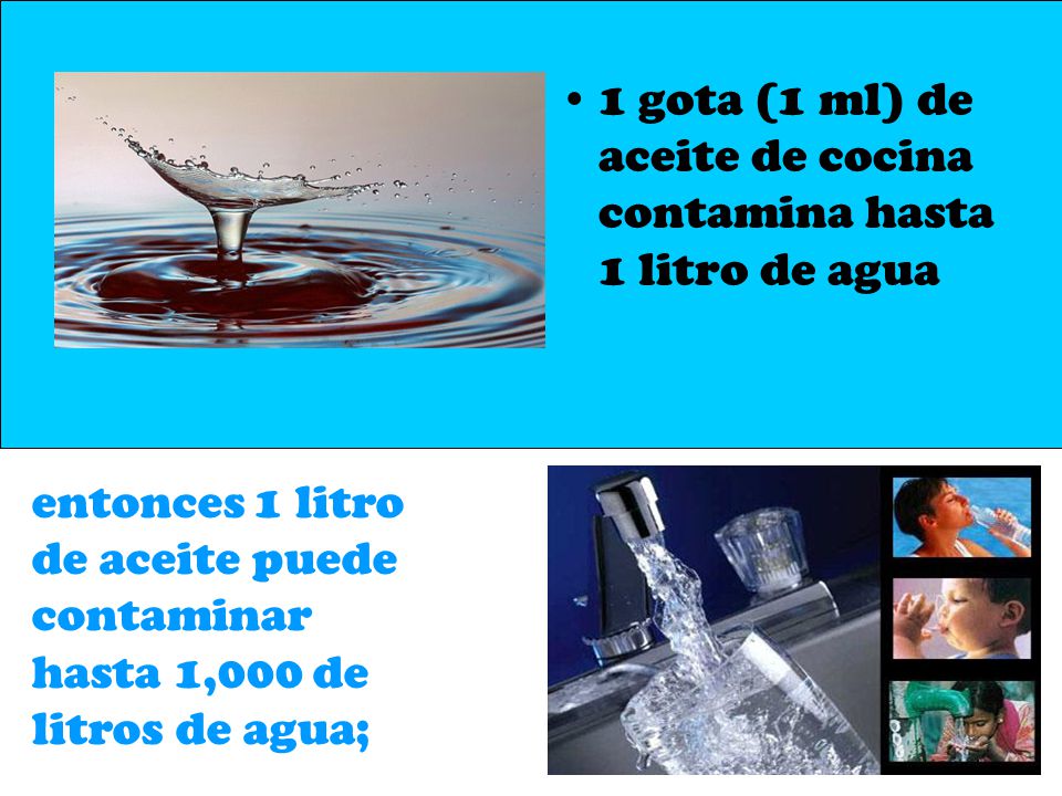 1 gota (1 ml) de aceite de cocina contamina hasta 1 litro de agua