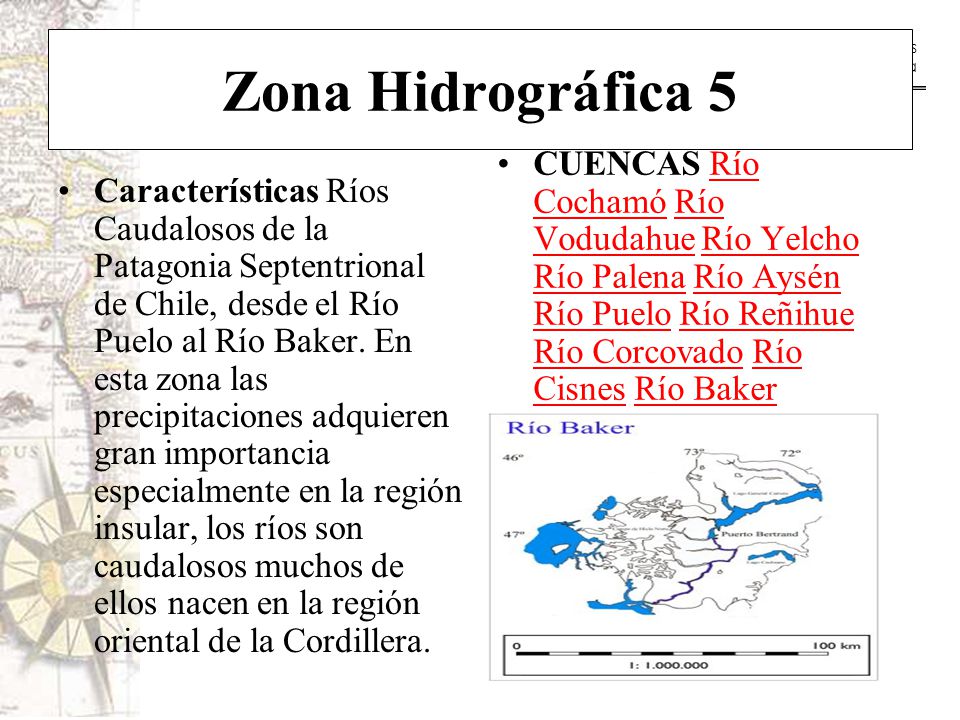 Zona Hidrográfica 5 CUENCAS Río Cochamó Río Vodudahue Río Yelcho Río Palena Río Aysén Río Puelo Río Reñihue Río Corcovado Río Cisnes Río Baker.