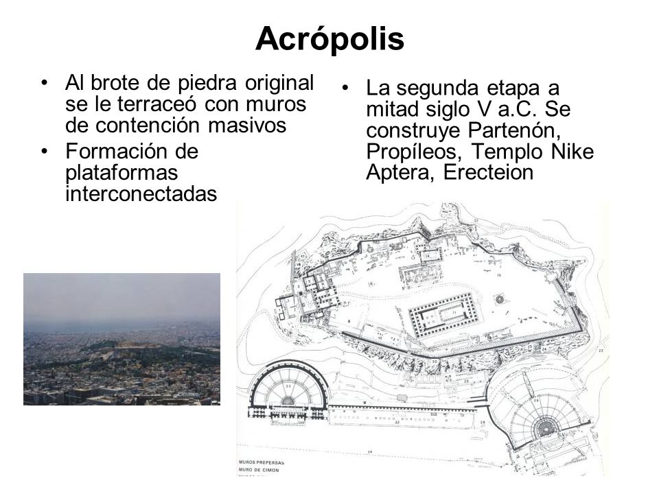 Acrópolis Al brote de piedra original se le terraceó con muros de contención masivos. Formación de plataformas interconectadas.