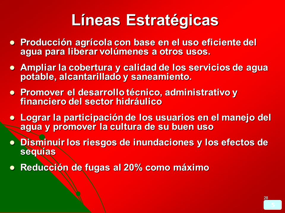 Líneas Estratégicas Producción agrícola con base en el uso eficiente del agua para liberar volúmenes a otros usos.