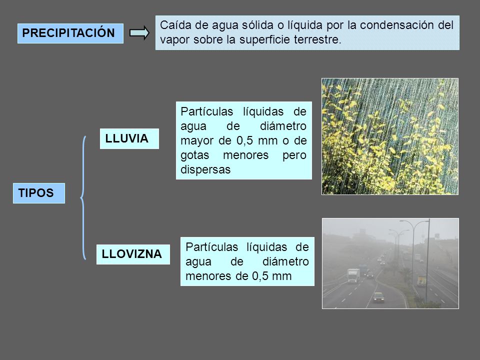 Caída de agua sólida o líquida por la condensación del vapor sobre la superficie terrestre.