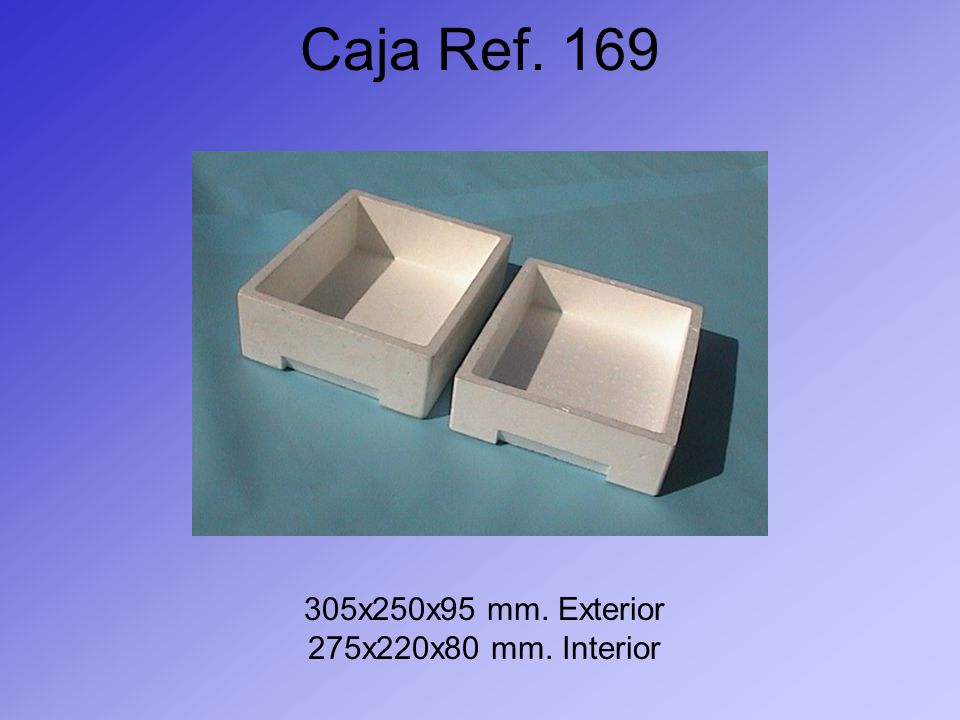 Caja Ref x250x95 mm. Exterior 275x220x80 mm. Interior
