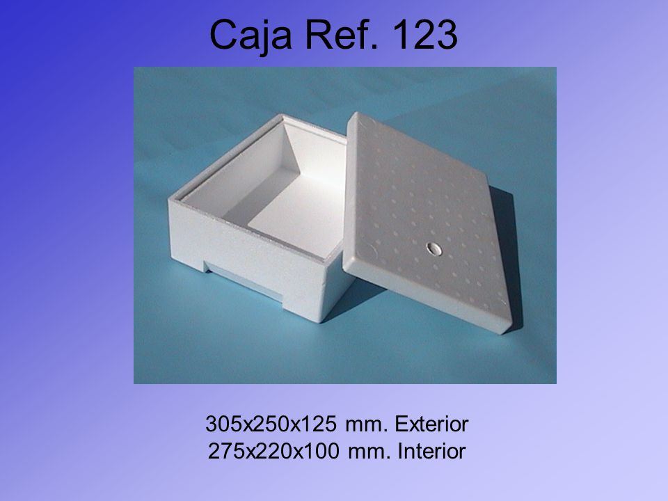 Caja Ref x250x125 mm. Exterior 275x220x100 mm. Interior