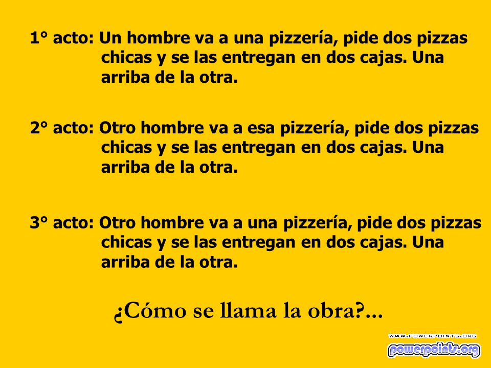 1° acto: Un hombre va a una pizzería, pide dos pizzas