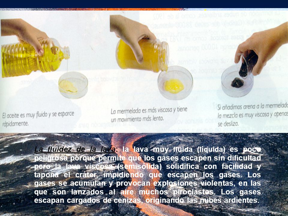PELIGROS DEL VOLCÁN La violencia de un volcán depende del contenido en gases y de la fluidez de la lava:
