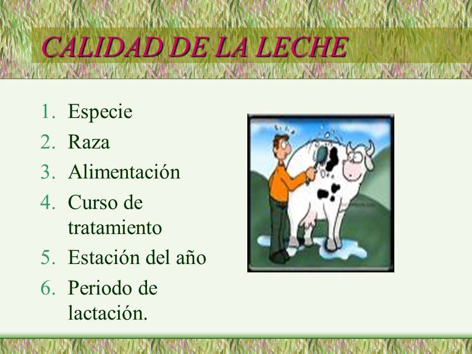 CALIDAD DE LA LECHE Especie Raza Alimentación Curso de tratamiento