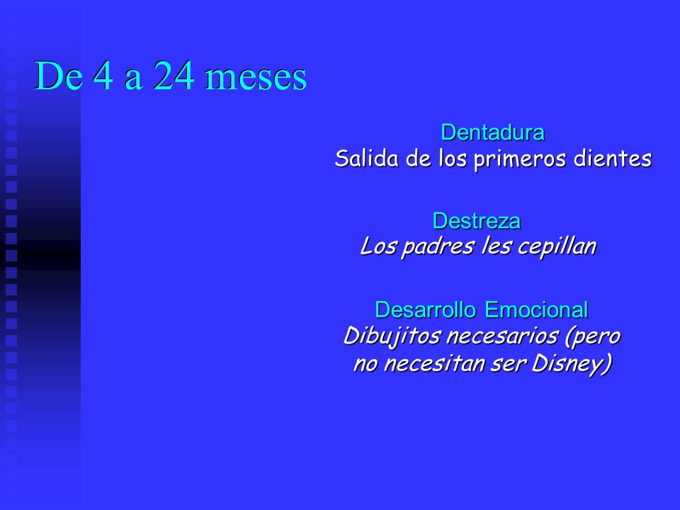 De 4 a 24 meses Dentadura Salida de los primeros dientes Destreza
