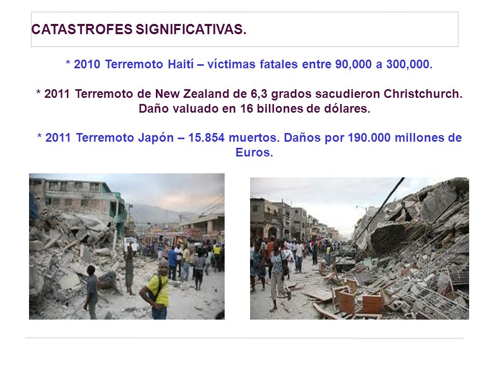* 2010 Terremoto Haití – víctimas fatales entre 90,000 a 300,000.