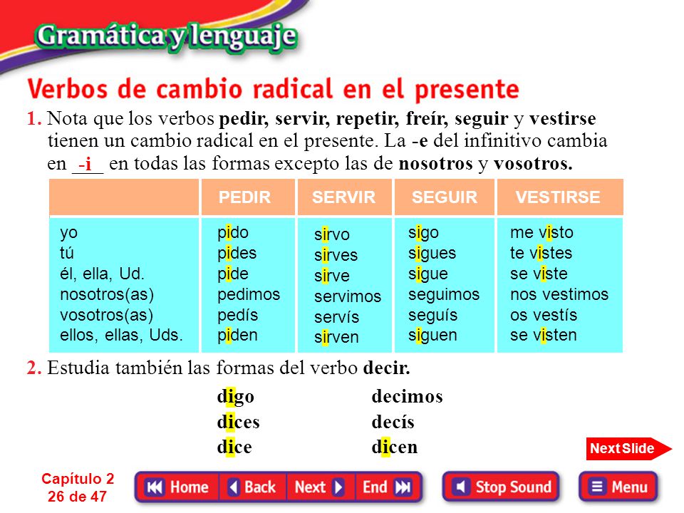 en ___ en todas las formas excepto las de nosotros y vosotros. -i