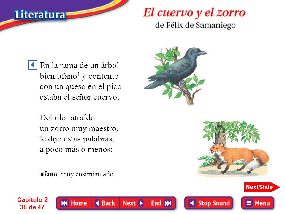 En la rama de un árbol bien ufano1 y contento con un queso en el pico