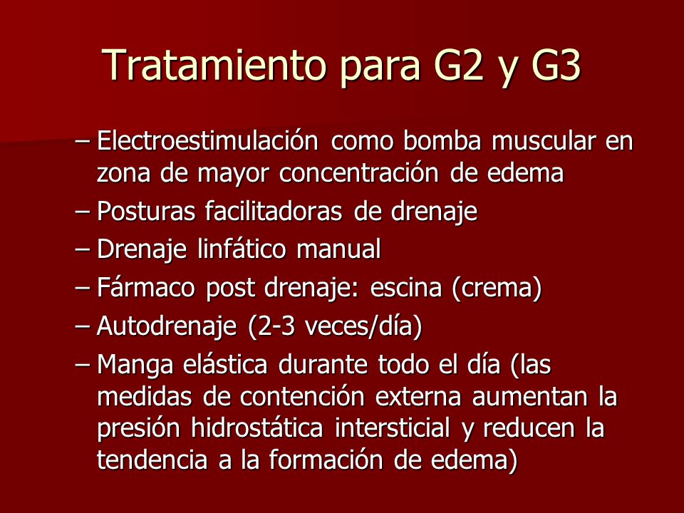 Tratamiento para G2 y G3 Electroestimulación como bomba muscular en zona de mayor concentración de edema.