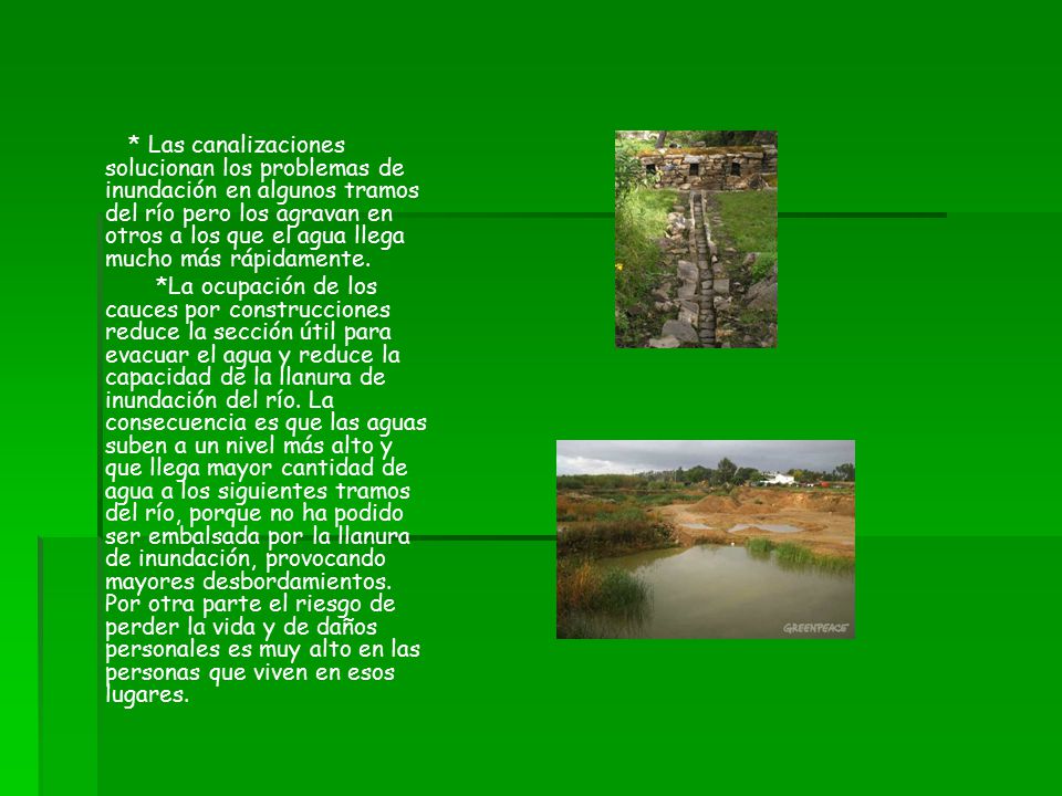 * Las canalizaciones solucionan los problemas de inundación en algunos tramos del río pero los agravan en otros a los que el agua llega mucho más rápidamente.