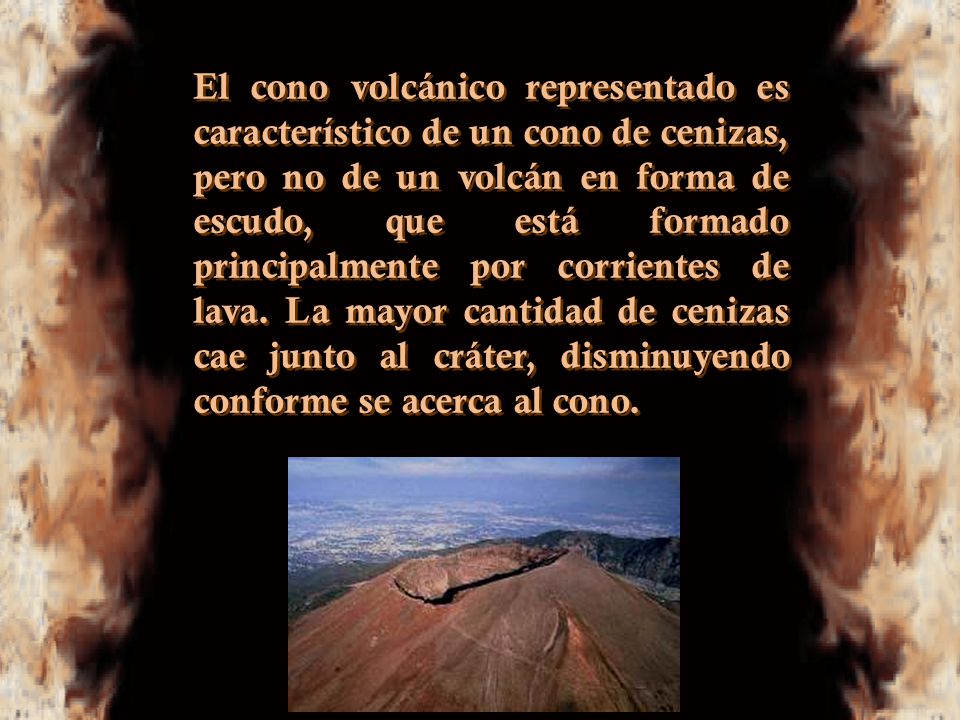 El cono volcánico representado es característico de un cono de cenizas, pero no de un volcán en forma de escudo, que está formado principalmente por corrientes de lava.