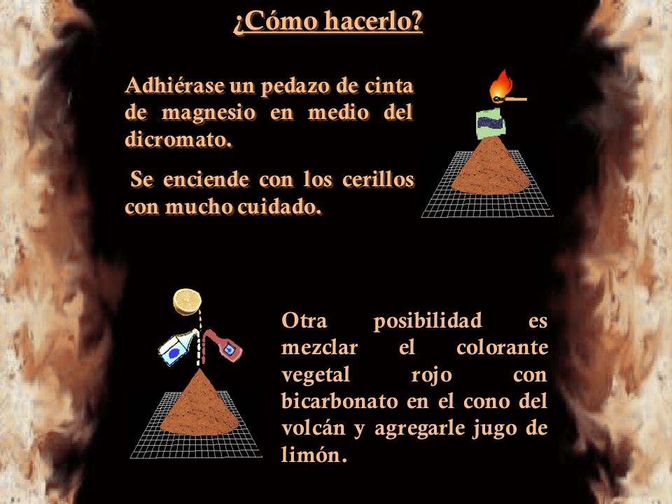 ¿Cómo hacerlo Adhiérase un pedazo de cinta de magnesio en medio del dicromato. Se enciende con los cerillos con mucho cuidado.