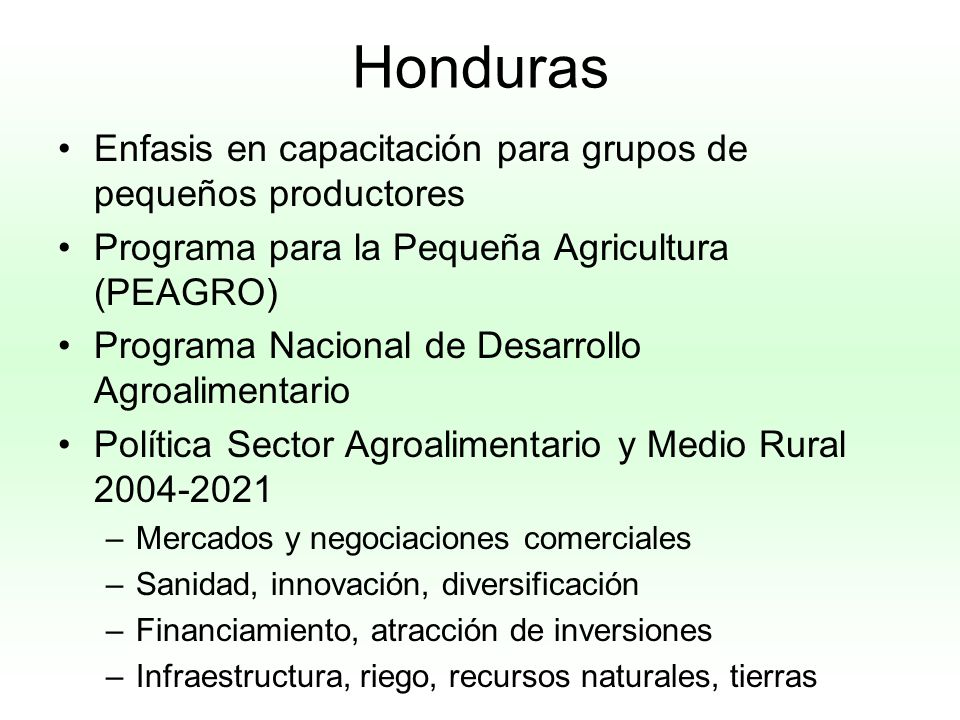 Honduras Enfasis en capacitación para grupos de pequeños productores