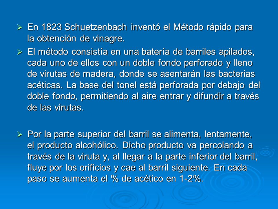 En 1823 Schuetzenbach inventó el Método rápido para la obtención de vinagre.