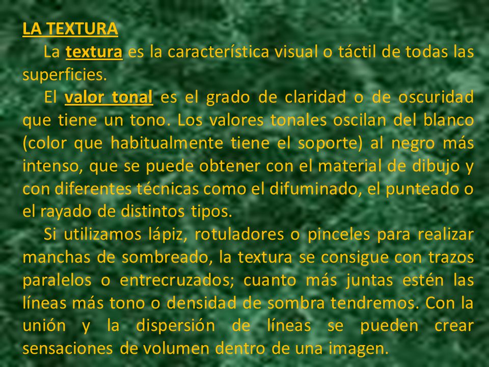 LA TEXTURA La textura es la característica visual o táctil de todas las superficies.