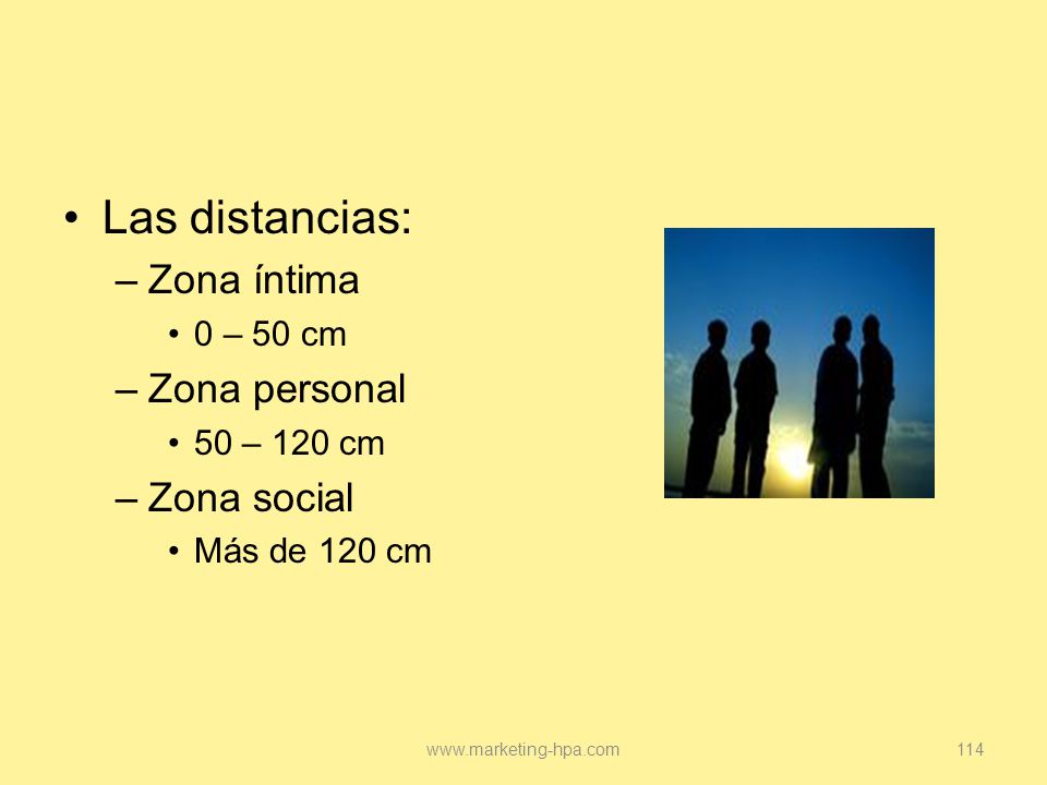 Las distancias: Zona íntima Zona personal Zona social 0 – 50 cm