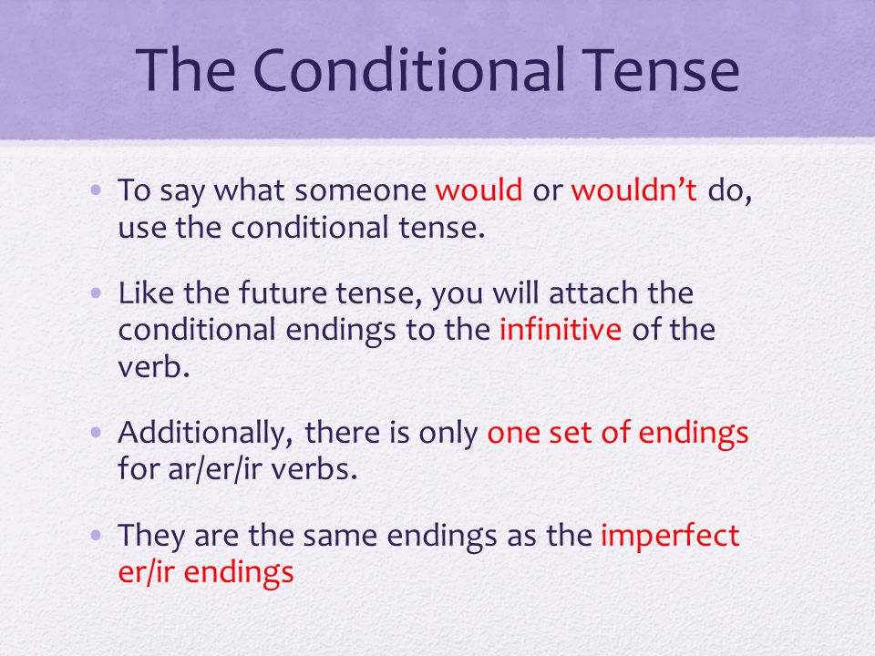 The Conditional Tense To say what someone would or wouldn’t do, use the conditional tense.