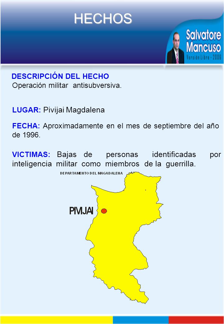 DESCRIPCIÓN DEL HECHO Operación militar antisubversiva. LUGAR: Pivijai Magdalena. FECHA: Aproximadamente en el mes de septiembre del año de