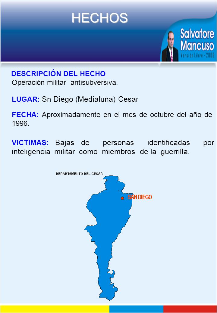 DESCRIPCIÓN DEL HECHO Operación militar antisubversiva. LUGAR: Sn Diego (Medialuna) Cesar.