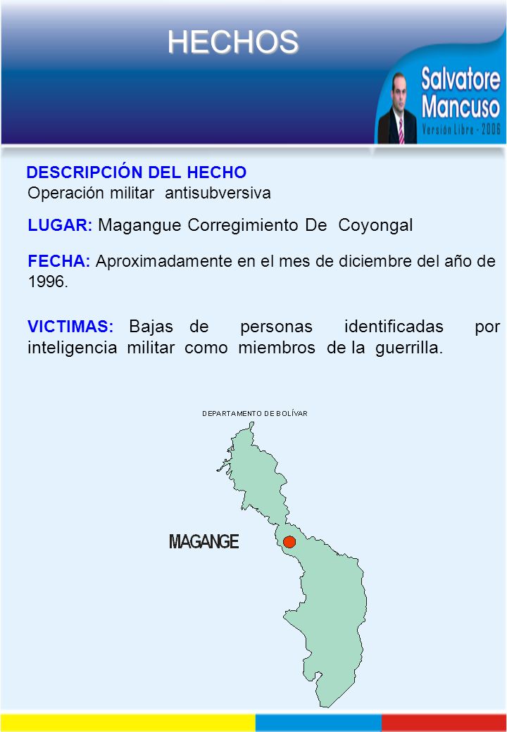 DESCRIPCIÓN DEL HECHO Operación militar antisubversiva. LUGAR: Magangue Corregimiento De Coyongal.