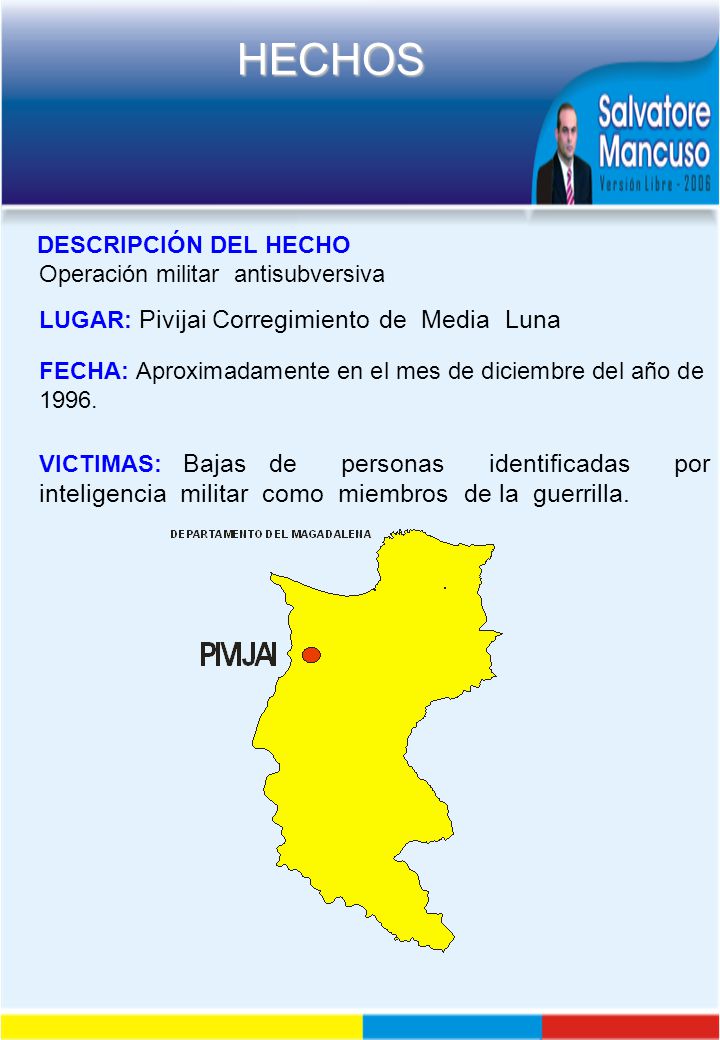 DESCRIPCIÓN DEL HECHO Operación militar antisubversiva. LUGAR: Pivijai Corregimiento de Media Luna.