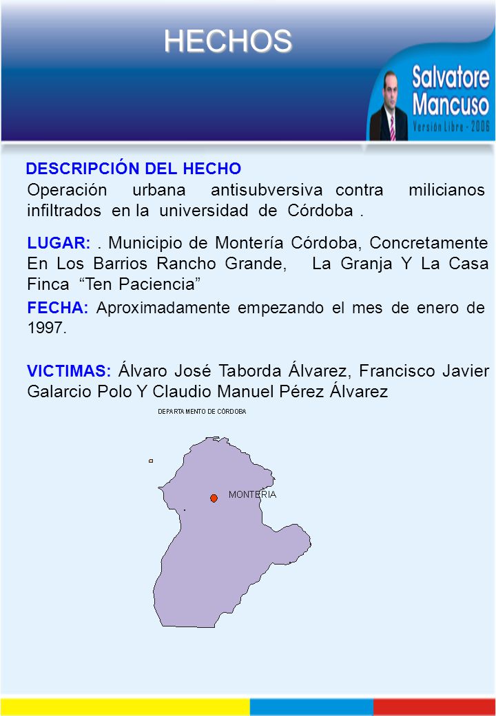 DESCRIPCIÓN DEL HECHO Operación urbana antisubversiva contra milicianos infiltrados en la universidad de Córdoba .