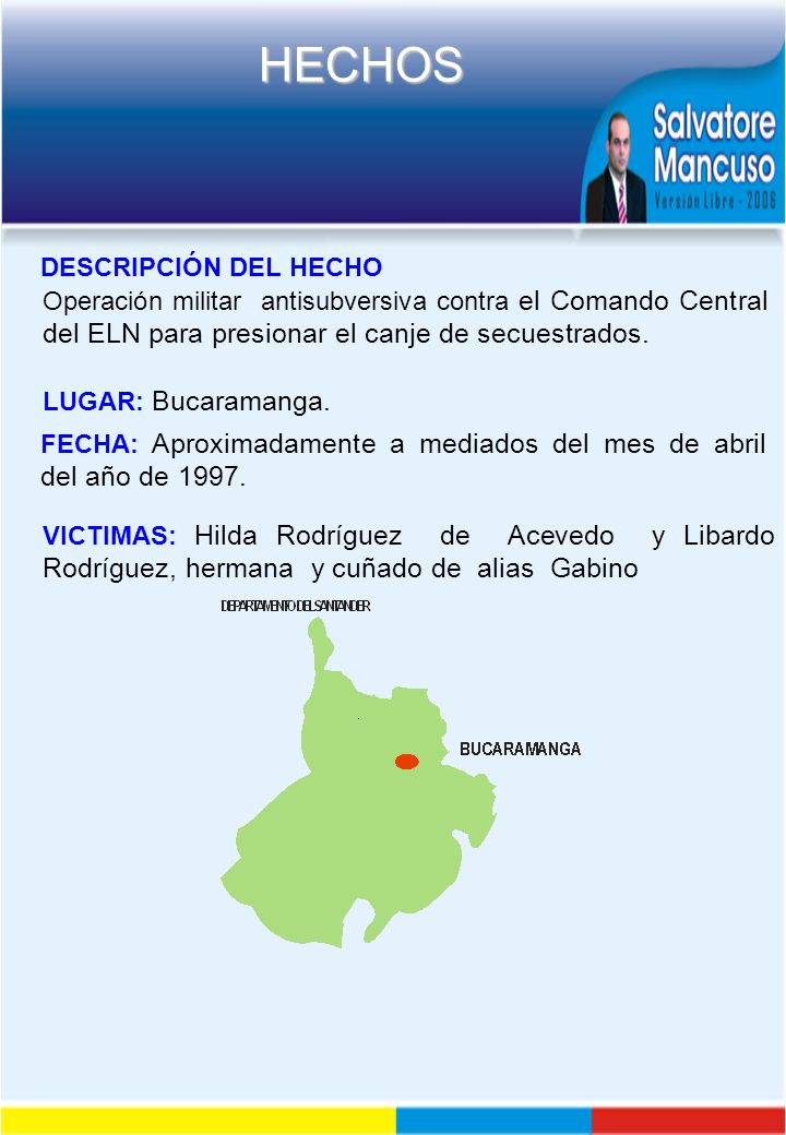 DESCRIPCIÓN DEL HECHO Operación militar antisubversiva contra el Comando Central del ELN para presionar el canje de secuestrados.