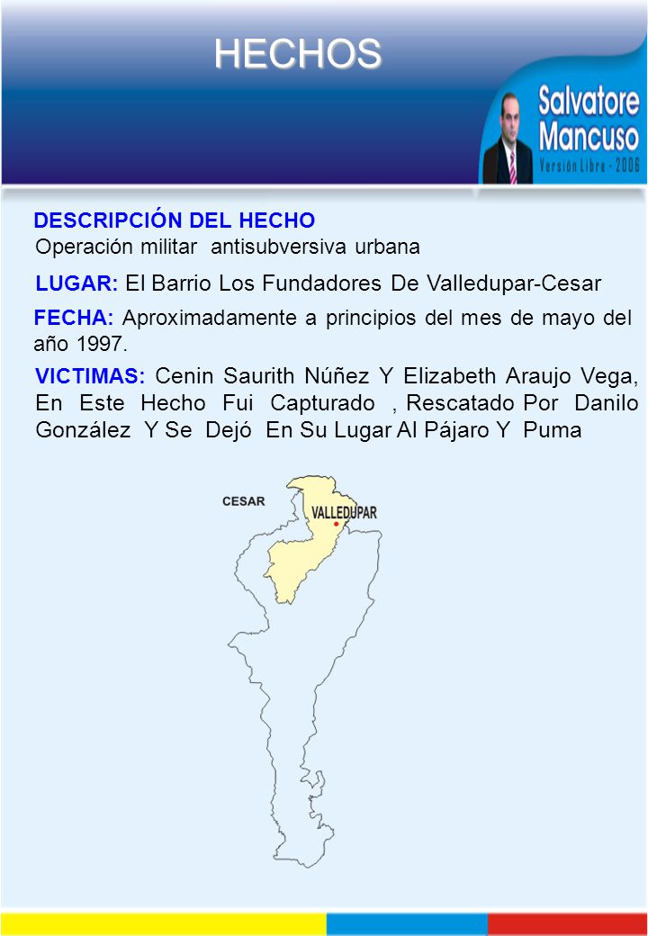 DESCRIPCIÓN DEL HECHO Operación militar antisubversiva urbana. LUGAR: El Barrio Los Fundadores De Valledupar-Cesar.