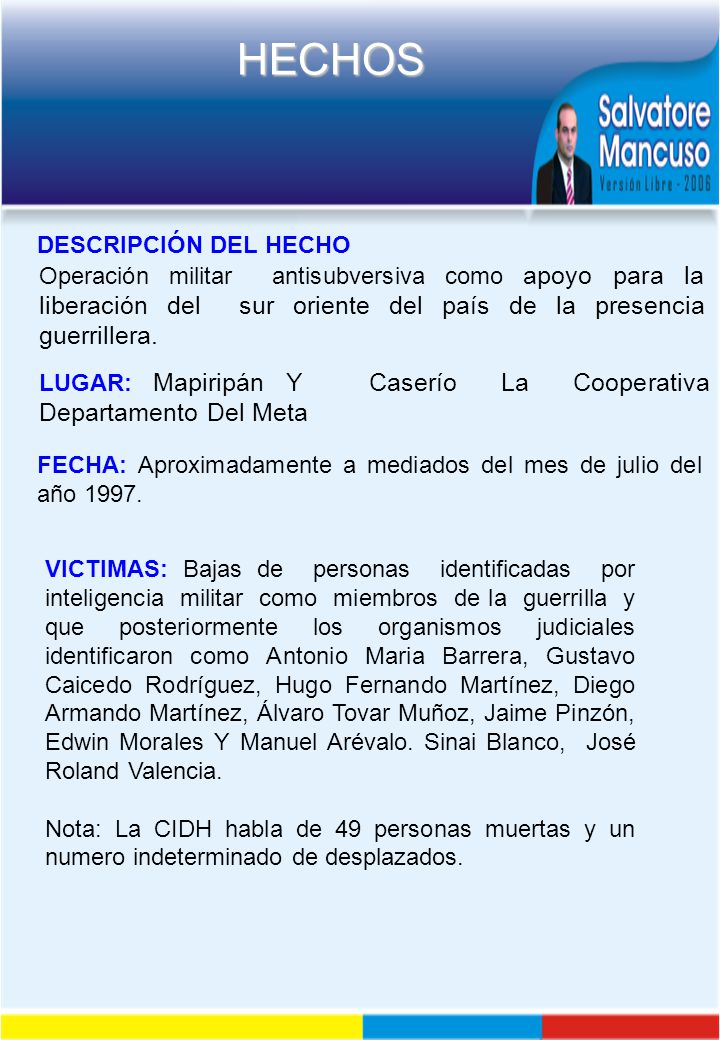 DESCRIPCIÓN DEL HECHO Operación militar antisubversiva como apoyo para la liberación del sur oriente del país de la presencia guerrillera.