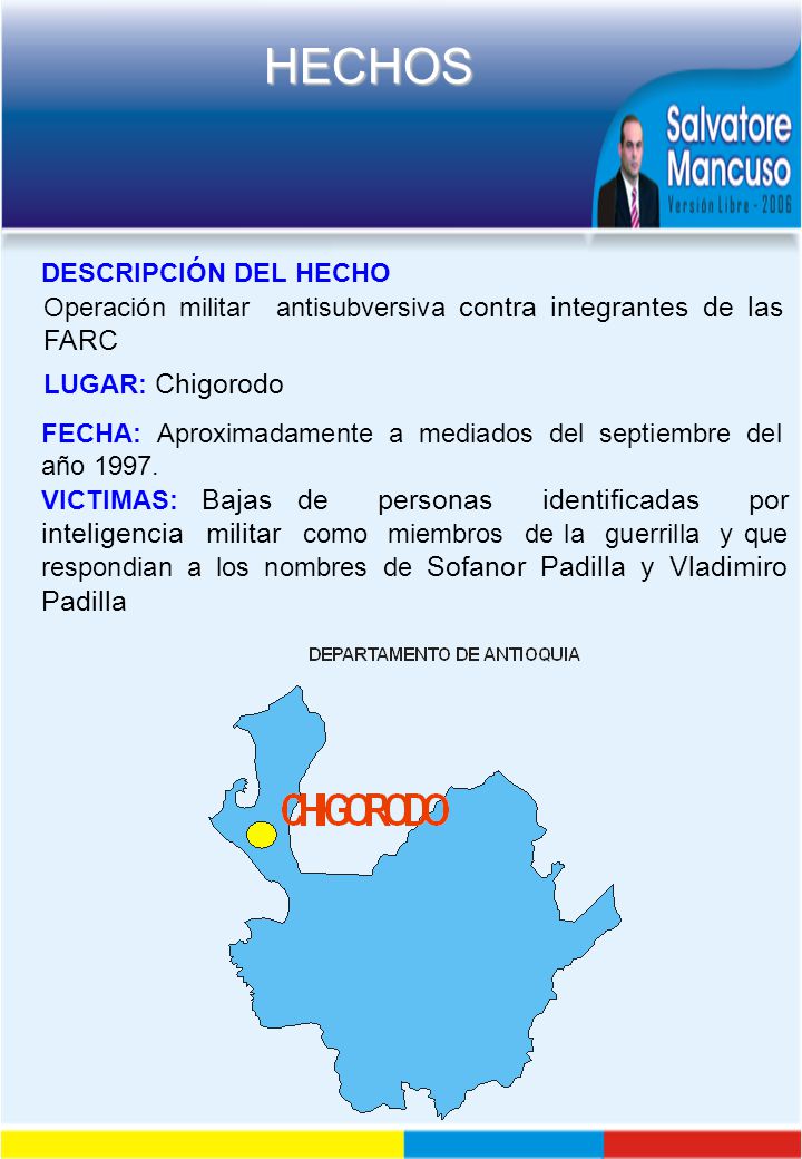 DESCRIPCIÓN DEL HECHO Operación militar antisubversiva contra integrantes de las FARC. LUGAR: Chigorodo.