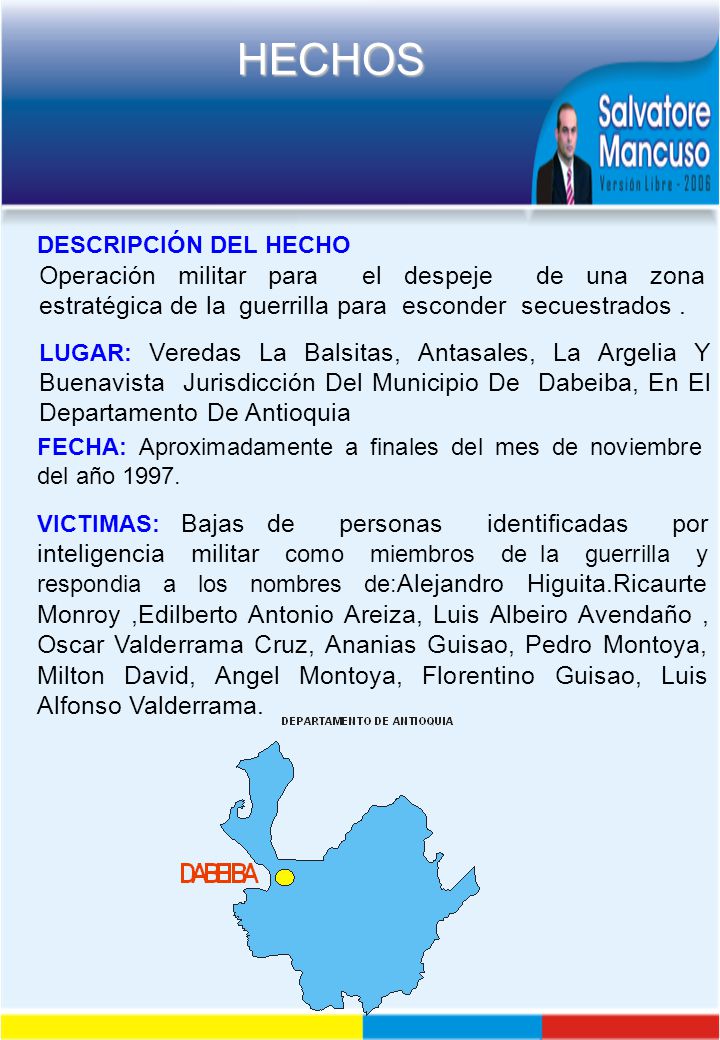 DESCRIPCIÓN DEL HECHO Operación militar para el despeje de una zona estratégica de la guerrilla para esconder secuestrados .