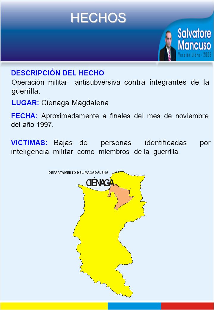 DESCRIPCIÓN DEL HECHO Operación militar antisubversiva contra integrantes de la guerrilla. LUGAR: Cienaga Magdalena.
