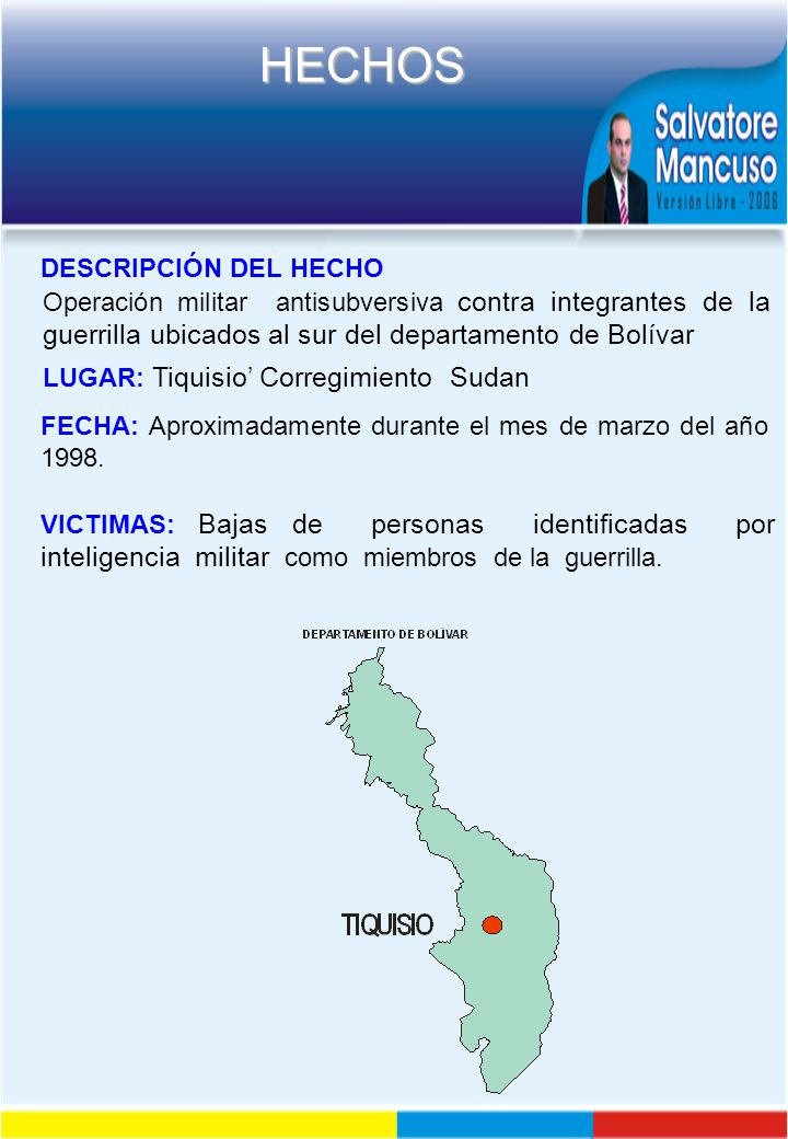DESCRIPCIÓN DEL HECHO Operación militar antisubversiva contra integrantes de la guerrilla ubicados al sur del departamento de Bolívar.