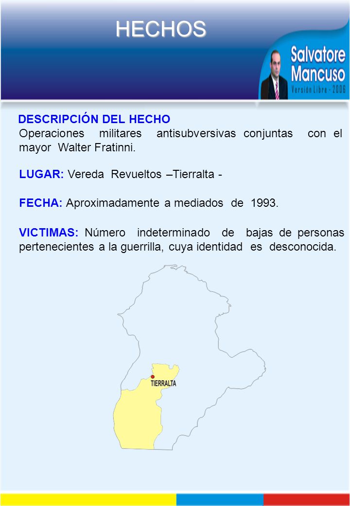 DESCRIPCIÓN DEL HECHO Operaciones militares antisubversivas conjuntas con el mayor Walter Fratinni.
