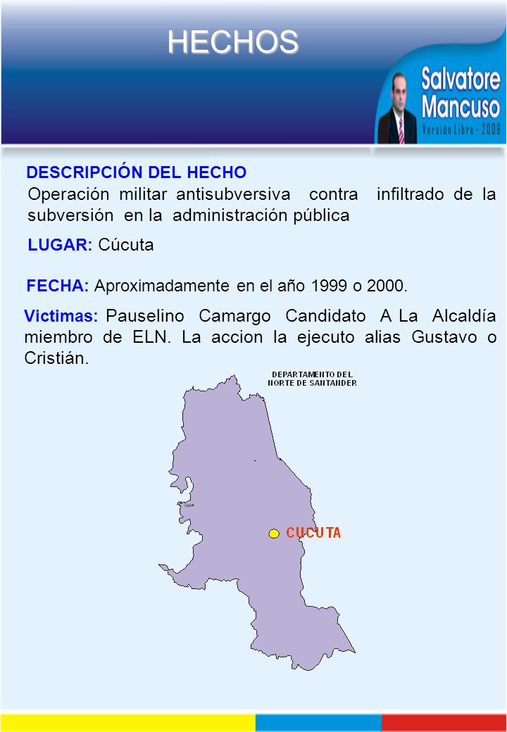 DESCRIPCIÓN DEL HECHO Operación militar antisubversiva contra infiltrado de la subversión en la administración pública.