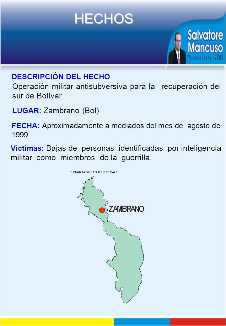 DESCRIPCIÓN DEL HECHO Operación militar antisubversiva para la recuperación del sur de Bolívar. LUGAR: Zambrano (Bol)