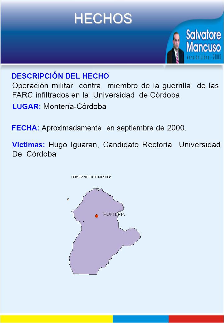 DESCRIPCIÓN DEL HECHO Operación militar contra miembro de la guerrilla de las FARC infiltrados en la Universidad de Córdoba.