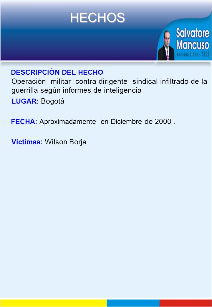 DESCRIPCIÓN DEL HECHO Operación militar contra dirigente sindical infiltrado de la guerrilla según informes de inteligencia.