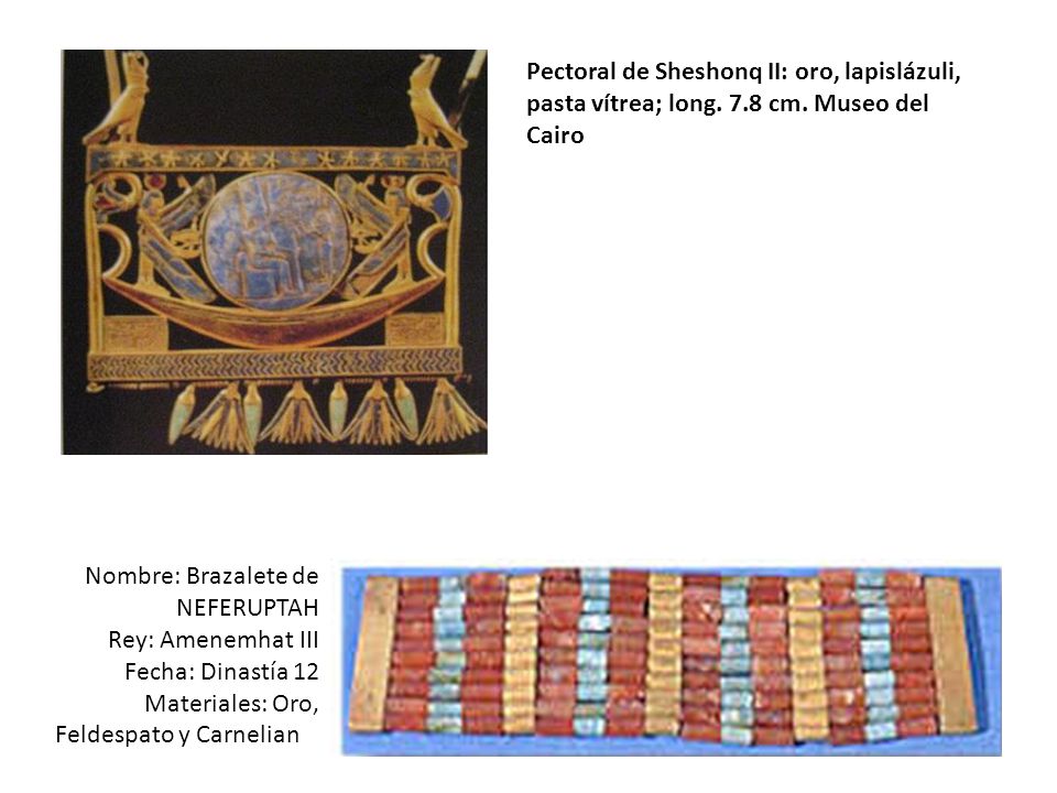 Pectoral de Sheshonq II: oro, lapislázuli, pasta vítrea; long cm