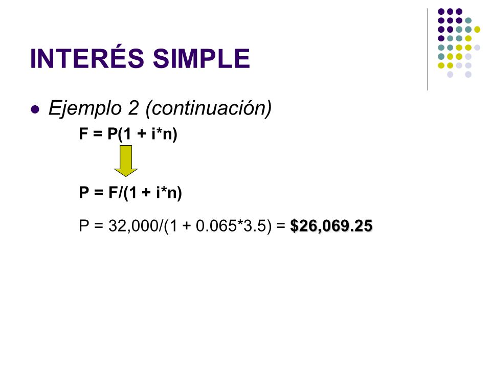 INTERÉS SIMPLE Ejemplo 2 (continuación) F = P(1 + i*n) P = F/(1 + i*n)