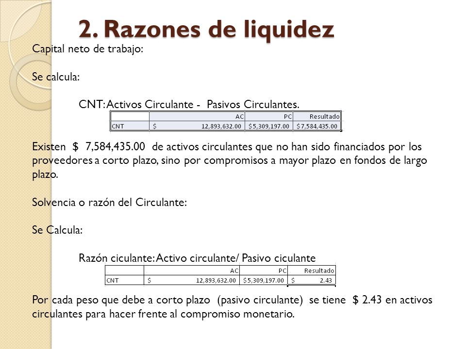 2. Razones de liquidez Capital neto de trabajo: Se calcula: