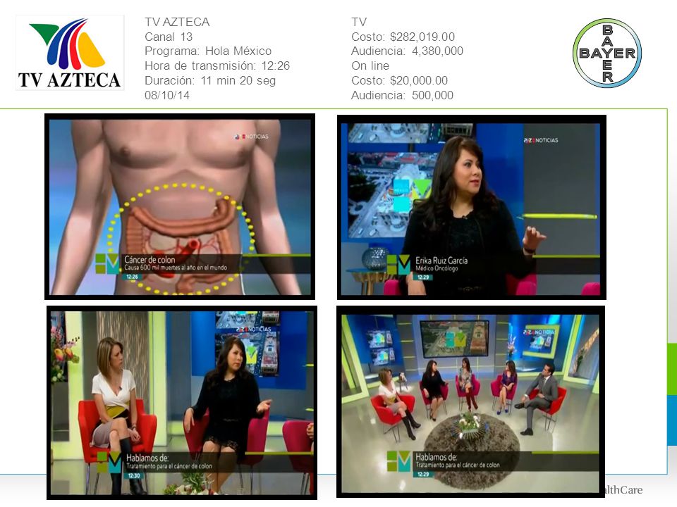 TV AZTECA Canal 13 Programa: Hola México Hora de transmisión: 12:26 Duración: 11 min 20 seg 08/10/14 TV Costo: $282, Audiencia: 4,380,000 On line Costo: $20, Audiencia: 500,000